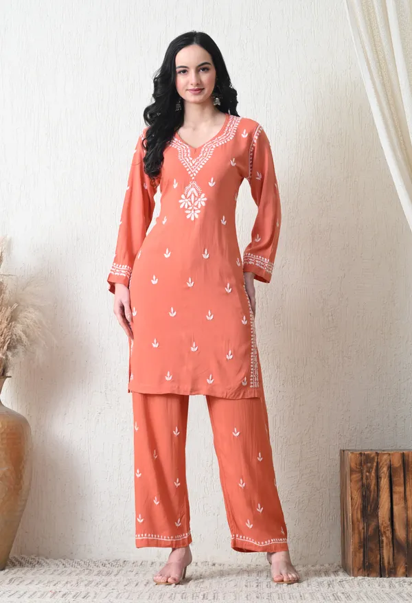 Peach_Rayon_Chikankari_Straight_Kurta_Set_with_Hand_Embroidery
