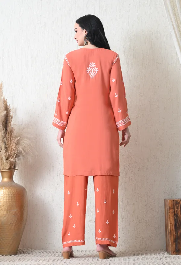 Peach_Rayon_Chikankari_Straight_Kurta_Set_with_Hand_Embroidery