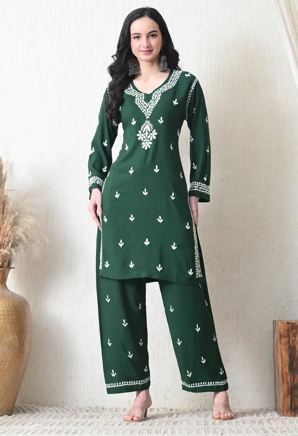 Green_Rayon_Chikankari_Straight_Kurta_Set_with_Hand_Embroidery