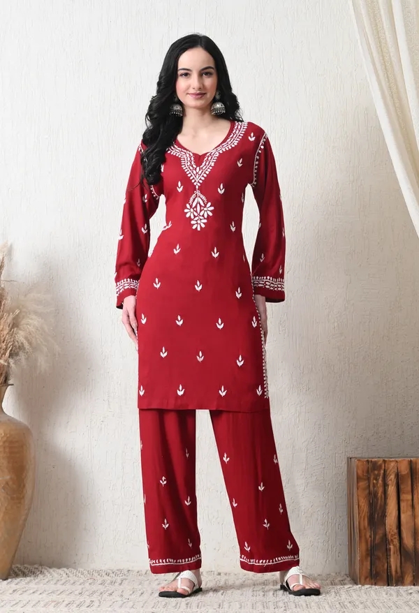 Maroon_Rayon_Chikankari_Straight_Kurta_Set_with_Hand_Embroidery