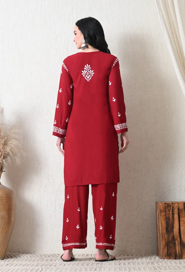 Maroon_Rayon_Chikankari_Straight_Kurta_Set_with_Hand_Embroidery