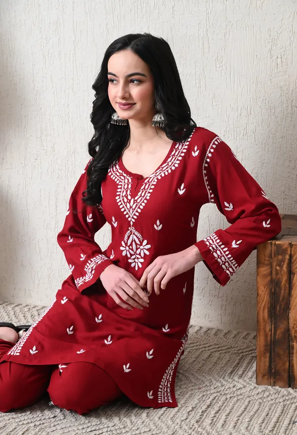Maroon_Rayon_Chikankari_Straight_Kurta_Set_with_Hand_Embroidery