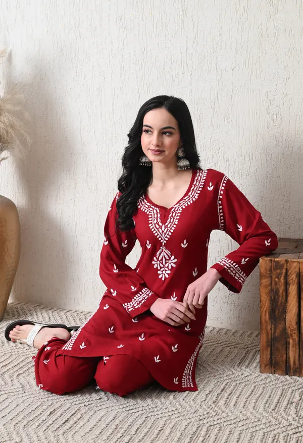 Maroon_Rayon_Chikankari_Straight_Kurta_Set_with_Hand_Embroidery