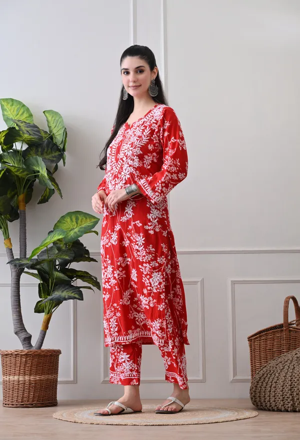 Hand_Embroidered_Chikankari_Mulmul_Plazo_Set-Red