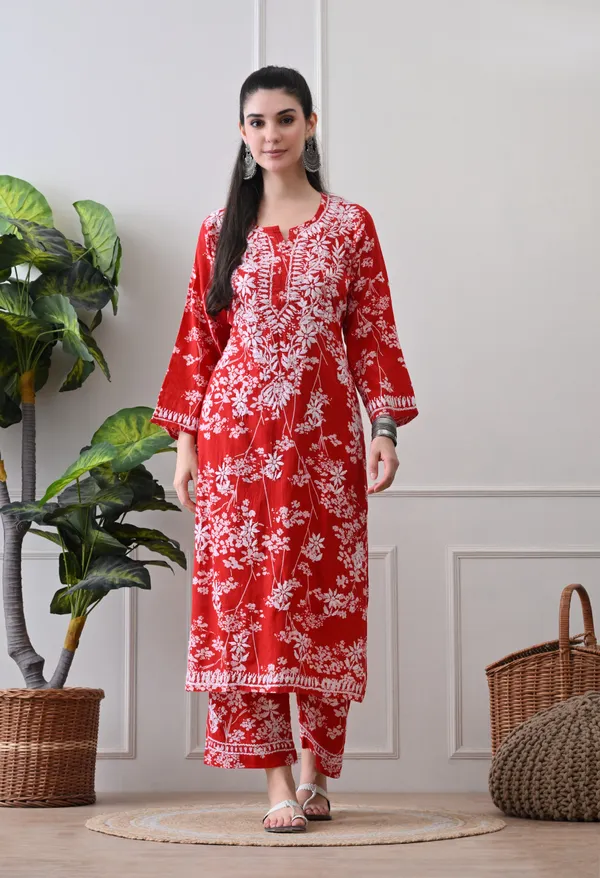 Hand_Embroidered_Chikankari_Mulmul_Plazo_Set-Red