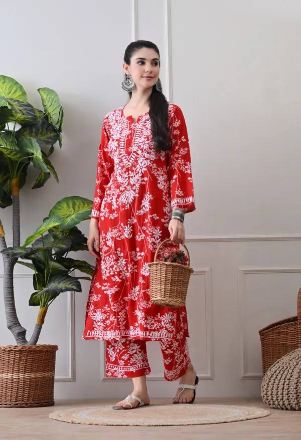 Hand_Embroidered_Chikankari_Mulmul_Plazo_Set-Red