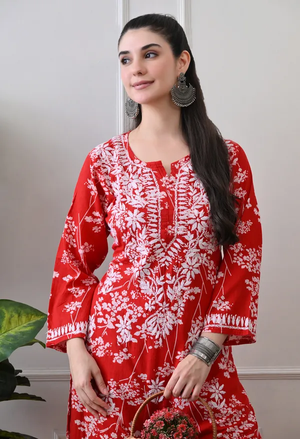 Hand_Embroidered_Chikankari_Mulmul_Plazo_Set-Red