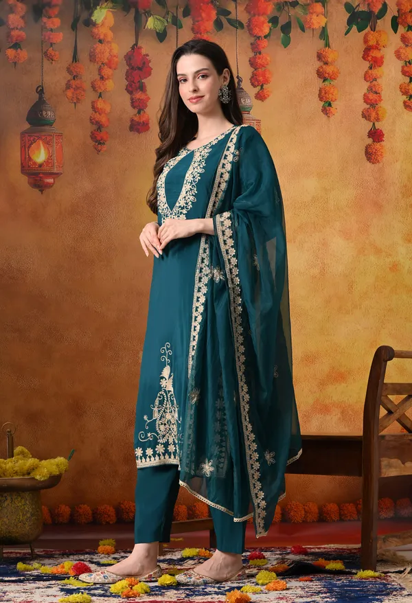 Teal_Roman_Silk_Embroidered_Kurta_Set_with_Pleated_Neck_&_Organza_Dupatta