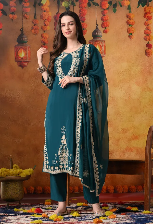 Teal_Roman_Silk_Embroidered_Kurta_Set_with_Pleated_Neck_&_Organza_Dupatta