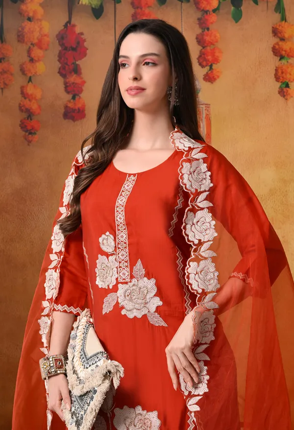 Premium_Roman_Silk_Embroidered_Kurta_Set_with_Organza_Dupatta_&_Silk_Pants_Rust
