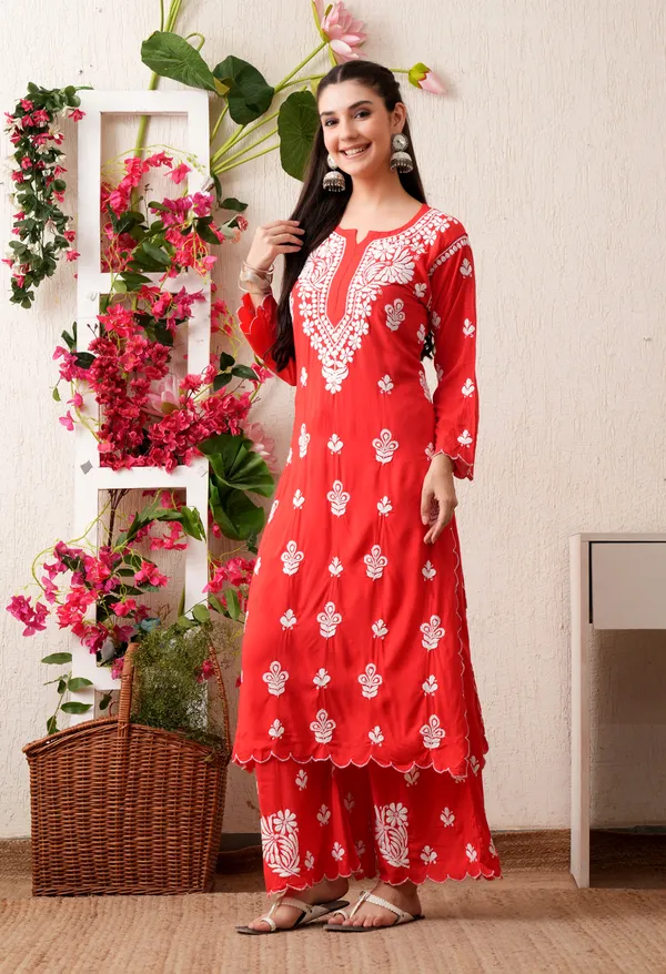 Modal_Hand-Embroidered_Chikankari_Cutwork_Kurta_with_Palazzo_Red