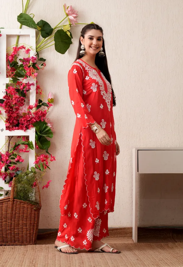 Modal_Hand-Embroidered_Chikankari_Cutwork_Kurta_with_Palazzo_Red