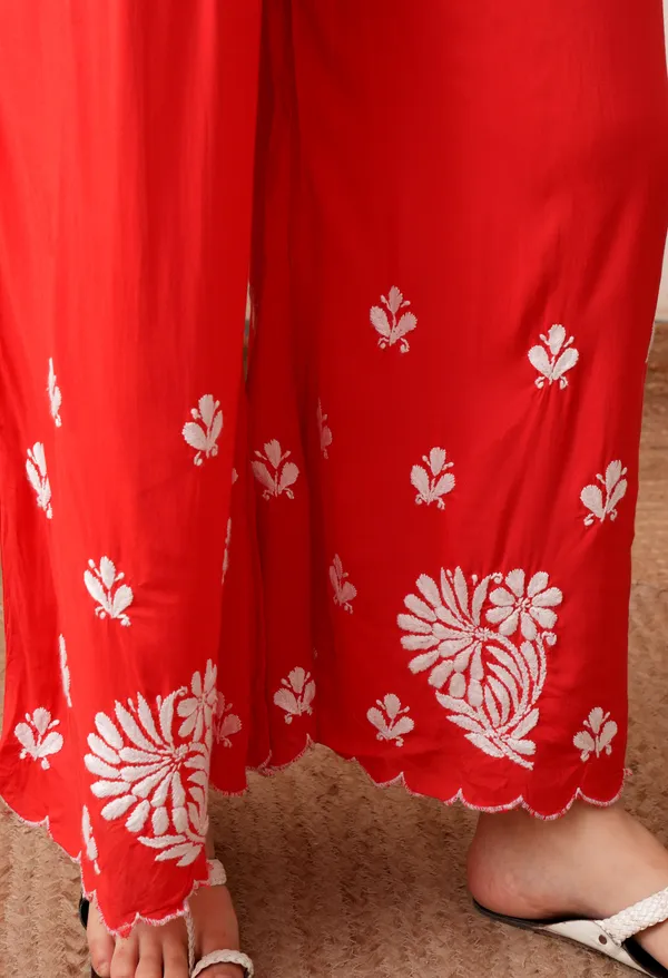 Modal_Hand-Embroidered_Chikankari_Cutwork_Kurta_with_Palazzo_Red