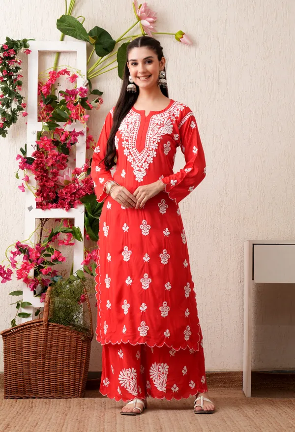 Modal_Hand-Embroidered_Chikankari_Cutwork_Kurta_with_Palazzo_Red