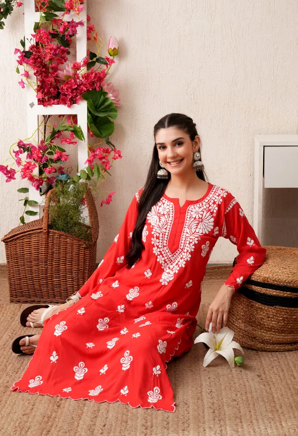 Modal_Hand-Embroidered_Chikankari_Cutwork_Kurta_with_Palazzo_Red