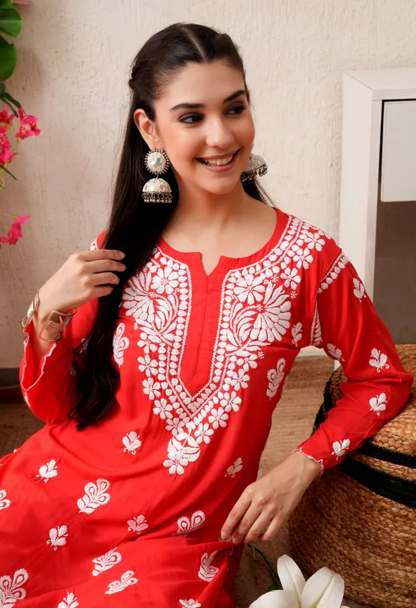 Modal_Hand-Embroidered_Chikankari_Cutwork_Kurta_with_Palazzo_Red
