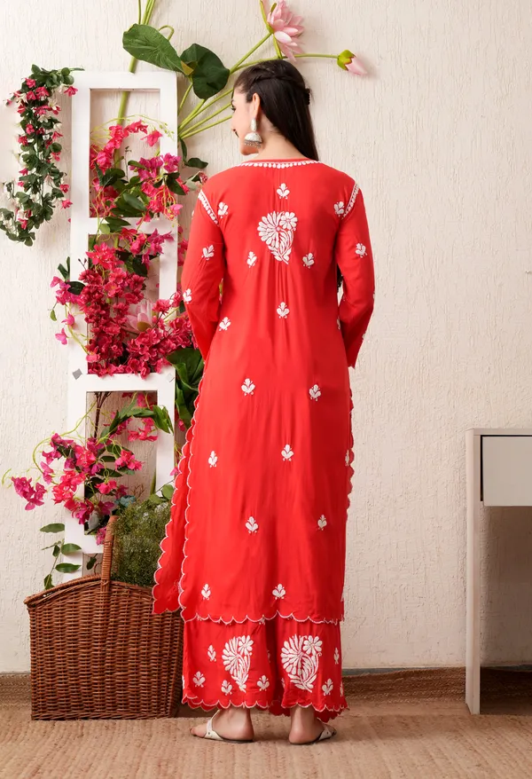 Modal_Hand-Embroidered_Chikankari_Cutwork_Kurta_with_Palazzo_Red