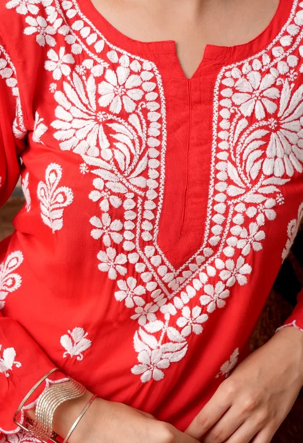 Modal_Hand-Embroidered_Chikankari_Cutwork_Kurta_with_Palazzo_Red