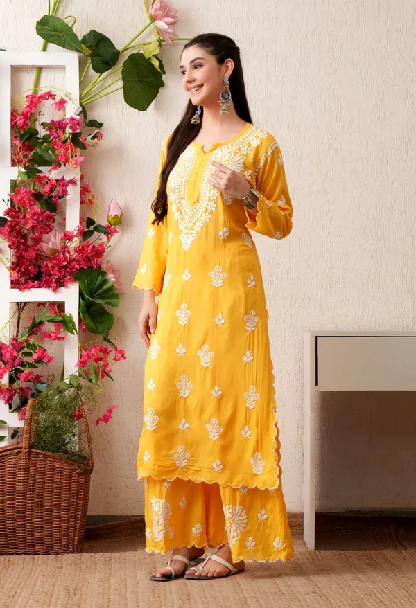 Modal_Hand-Embroidered_Chikankari_Cutwork_Kurta_with_Palazzo_Yellow