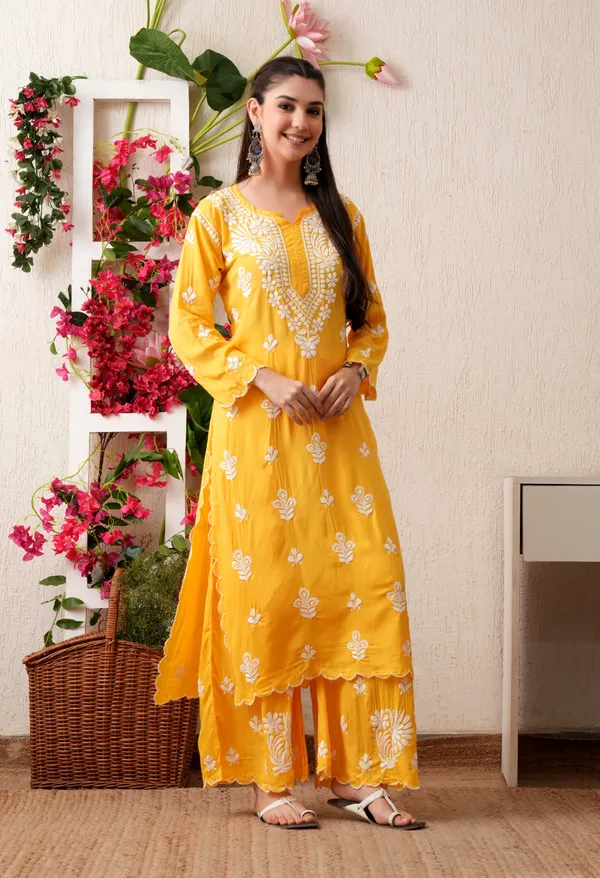 Modal_Hand-Embroidered_Chikankari_Cutwork_Kurta_with_Palazzo_Yellow