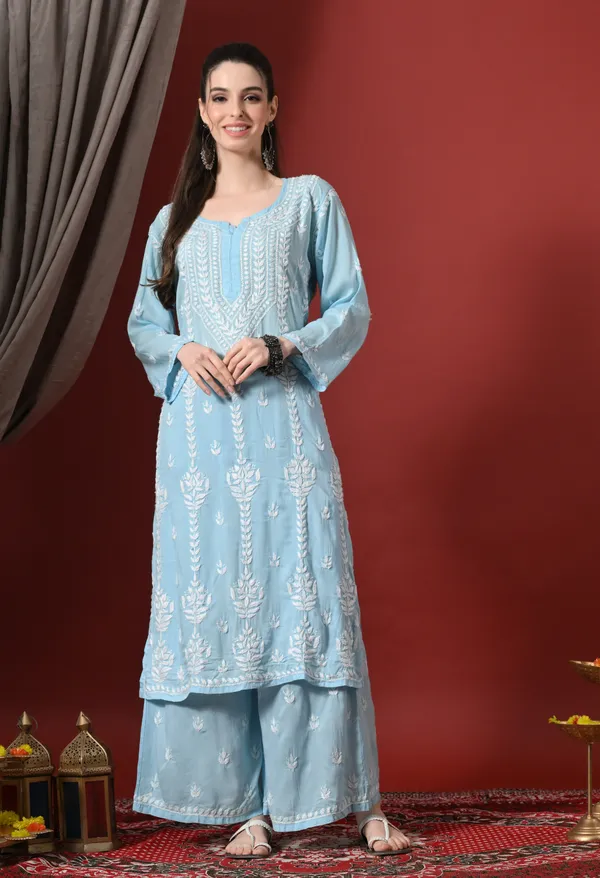 Sky_Blue_Hand_Embroidered_Modal_Chikankari_Kurta_with_Palazzo_Set