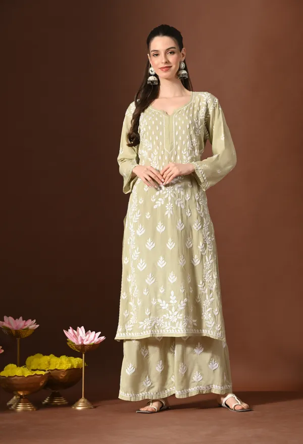 Modal_Hand-Embroidered_Lucknowi_Chikankari_Kurta_Plazo_Set__Brown