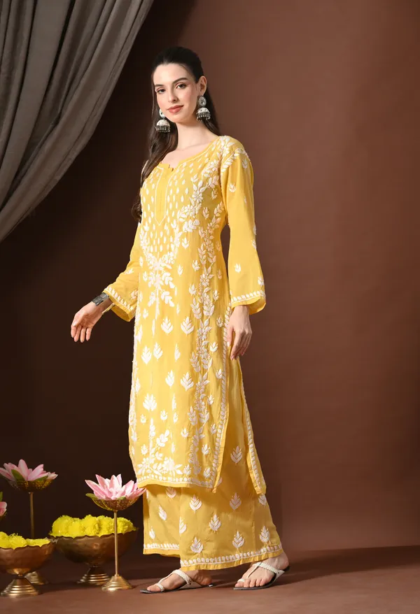 Dark_Yellow_Modal_Hand-Embroidered_Chikankari_Kurta_Pant_Set