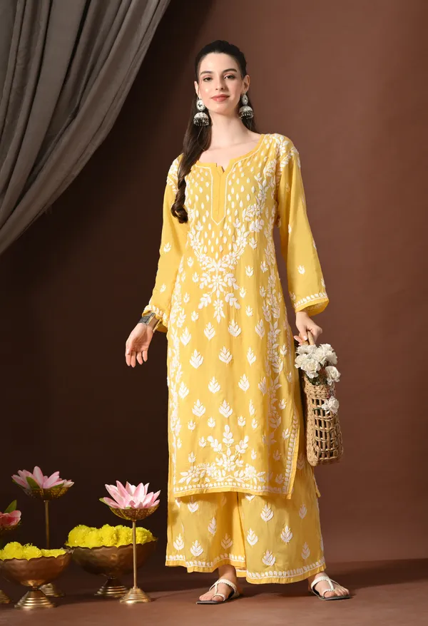 Dark_Yellow_Modal_Hand-Embroidered_Chikankari_Kurta_Pant_Set