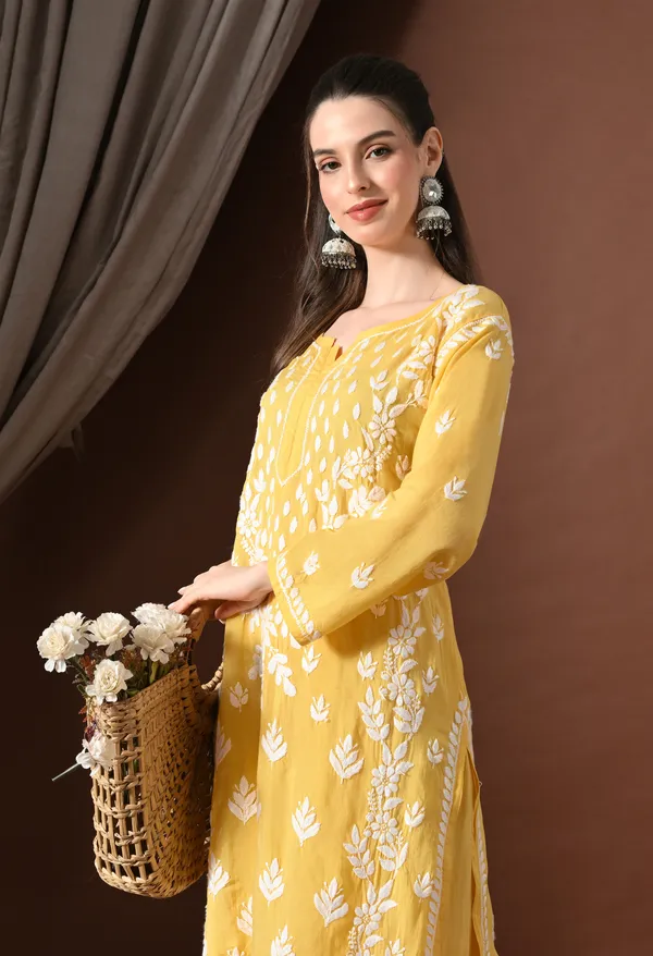 Dark_Yellow_Modal_Hand-Embroidered_Chikankari_Kurta_Pant_Set