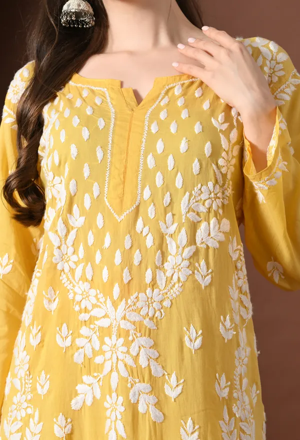 Dark_Yellow_Modal_Hand-Embroidered_Chikankari_Kurta_Pant_Set