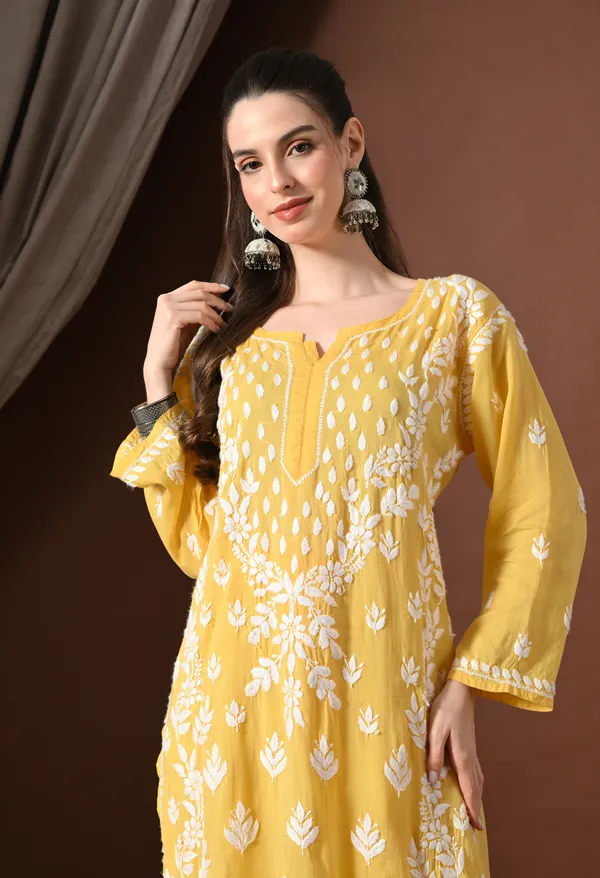 Dark_Yellow_Modal_Hand-Embroidered_Chikankari_Kurta_Pant_Set