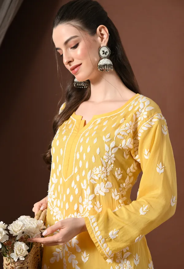 Dark_Yellow_Modal_Hand-Embroidered_Chikankari_Kurta_Pant_Set