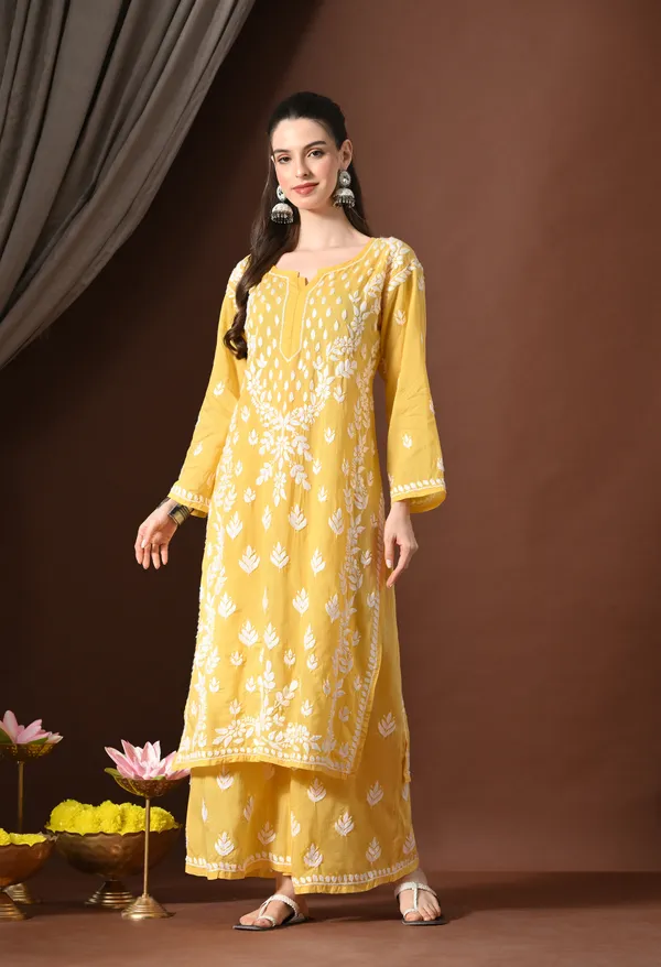 Dark_Yellow_Modal_Hand-Embroidered_Chikankari_Kurta_Pant_Set