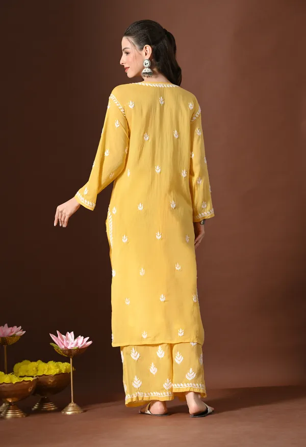 Dark_Yellow_Modal_Hand-Embroidered_Chikankari_Kurta_Pant_Set