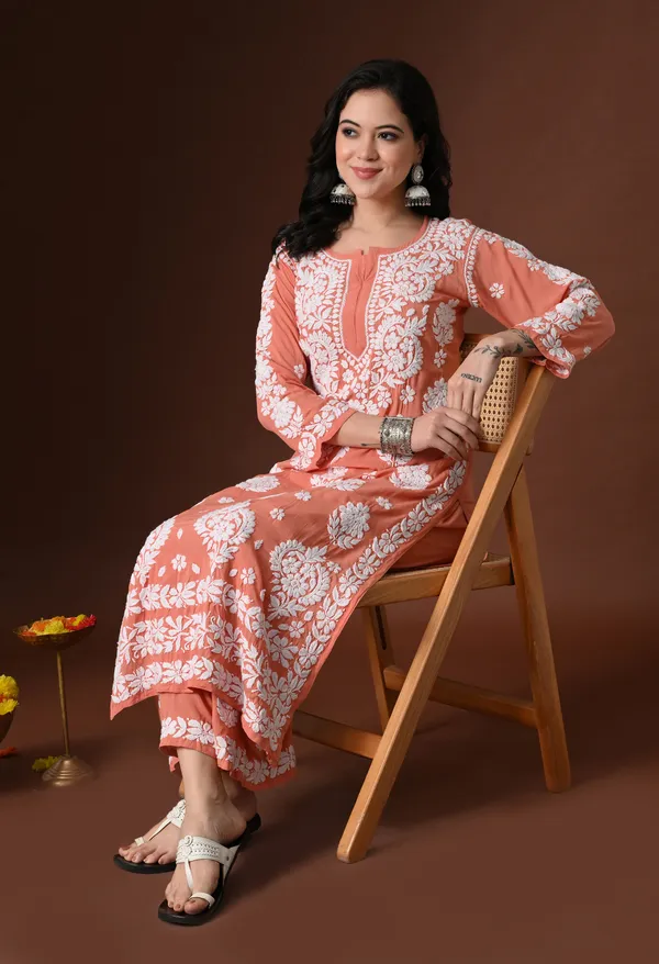 Peach_Hand_Embroidered_Chikankari_Modal_Kurta_Plazo_Set_for_Women