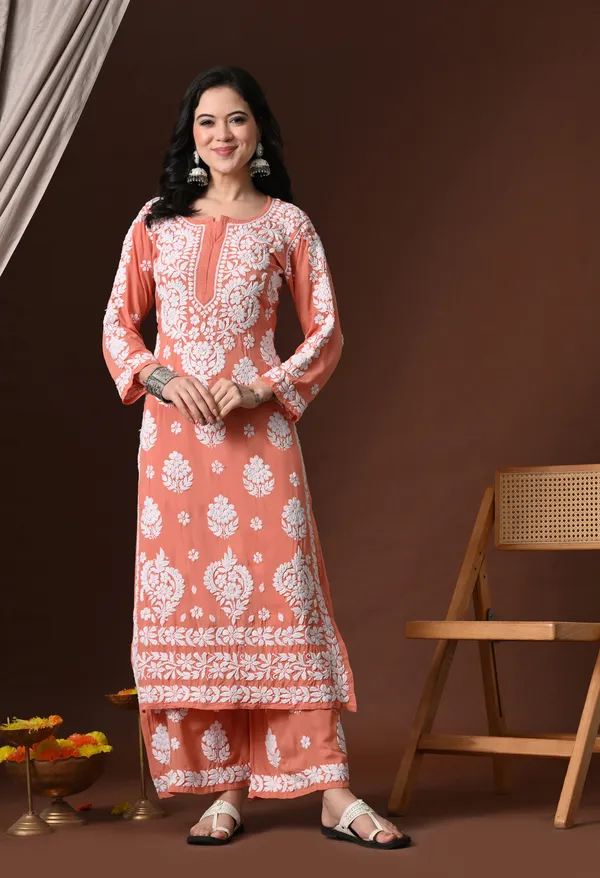 Peach_Hand_Embroidered_Chikankari_Modal_Kurta_Plazo_Set_for_Women