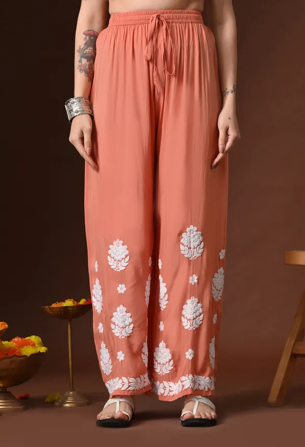 Peach_Hand_Embroidered_Chikankari_Modal_Kurta_Plazo_Set_for_Women