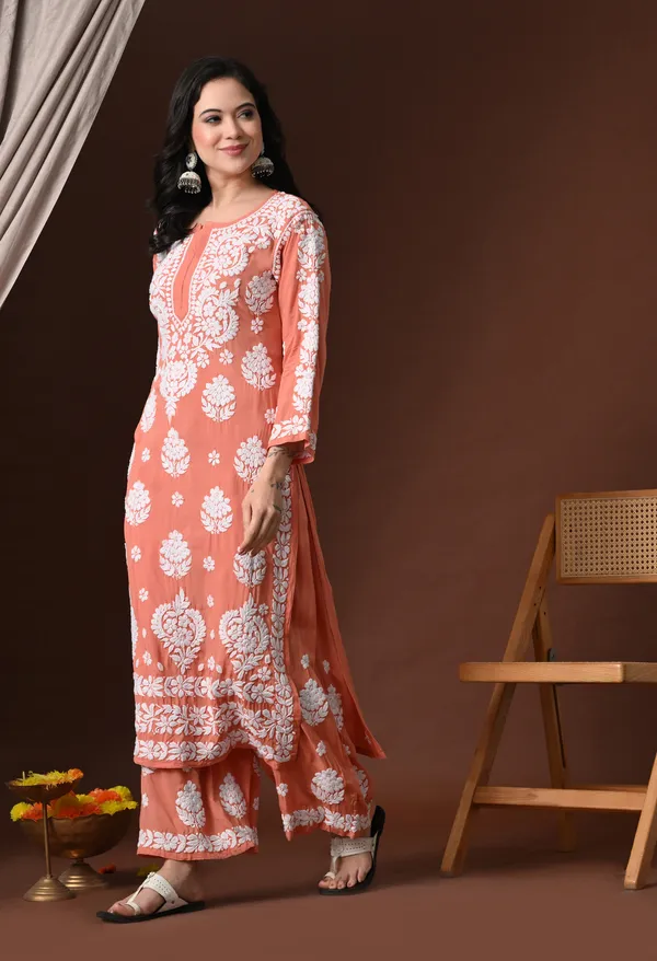 Peach_Hand_Embroidered_Chikankari_Modal_Kurta_Plazo_Set_for_Women