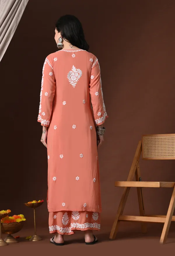 Peach_Hand_Embroidered_Chikankari_Modal_Kurta_Plazo_Set_for_Women