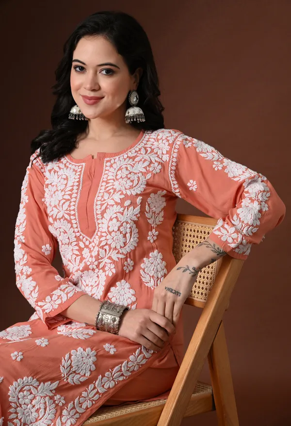 Peach_Hand_Embroidered_Chikankari_Modal_Kurta_Plazo_Set_for_Women