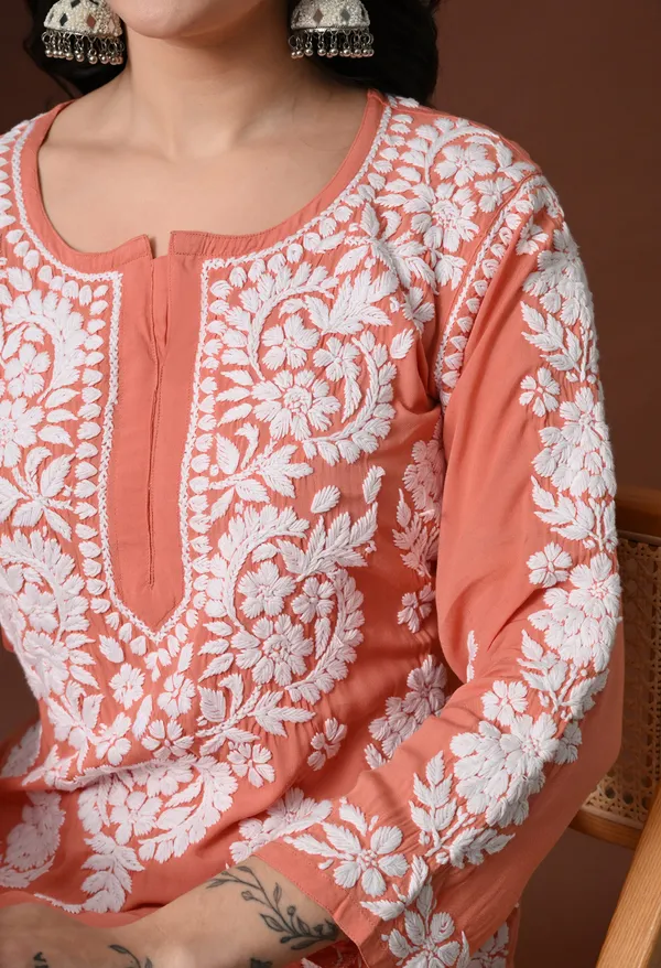 Peach_Hand_Embroidered_Chikankari_Modal_Kurta_Plazo_Set_for_Women