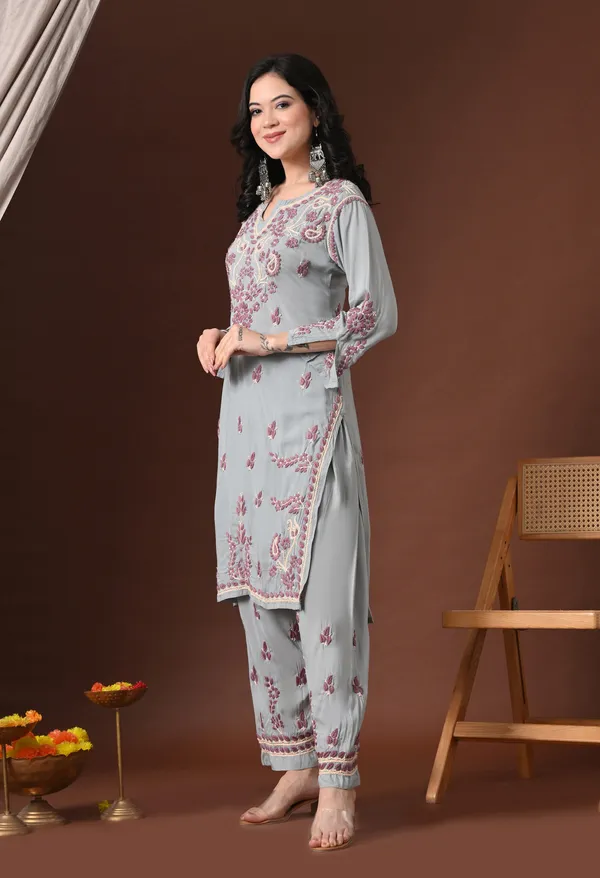 Grey_Hand_Embroidered_Chikankari_Modal_Kurta_Pant_Set_for_Women