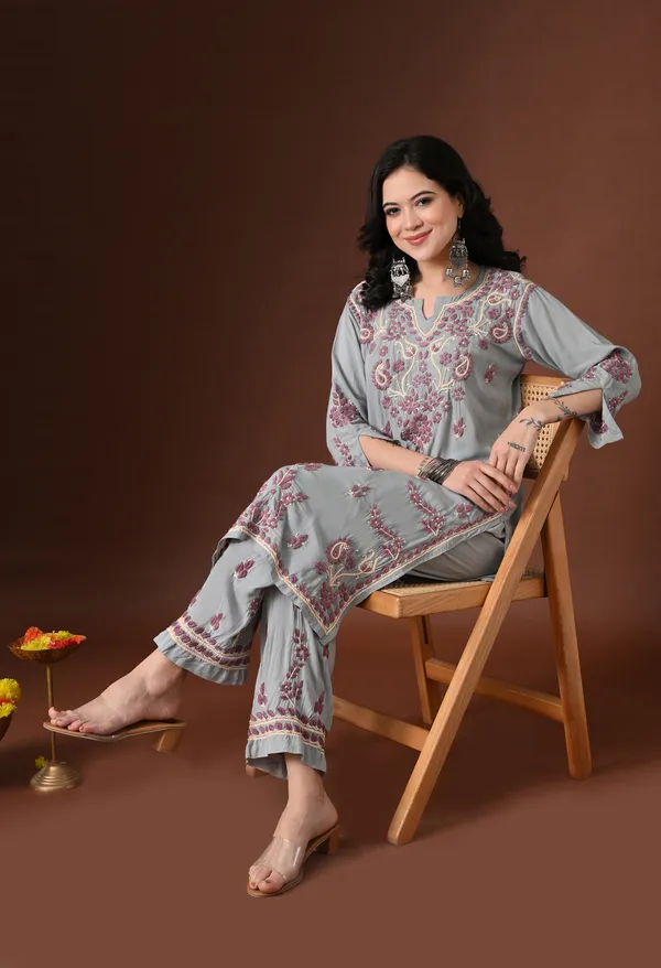 Grey_Hand_Embroidered_Chikankari_Modal_Kurta_Pant_Set_for_Women