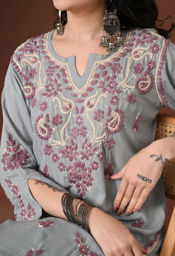 Grey_Hand_Embroidered_Chikankari_Modal_Kurta_Pant_Set_for_Women