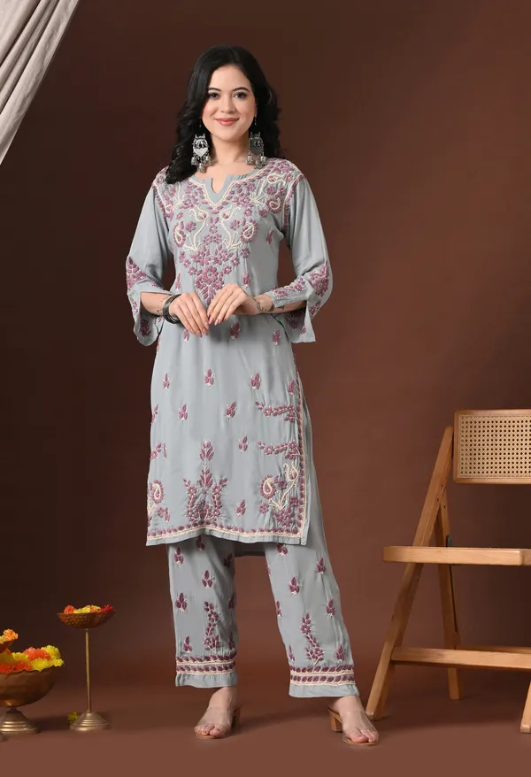 Grey_Hand_Embroidered_Chikankari_Modal_Kurta_Pant_Set_for_Women