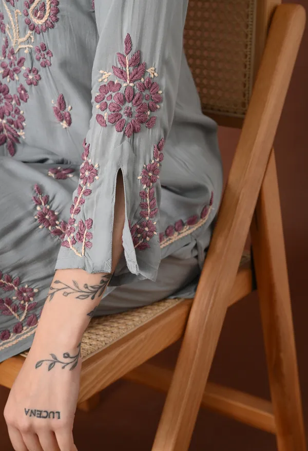 Grey_Hand_Embroidered_Chikankari_Modal_Kurta_Pant_Set_for_Women