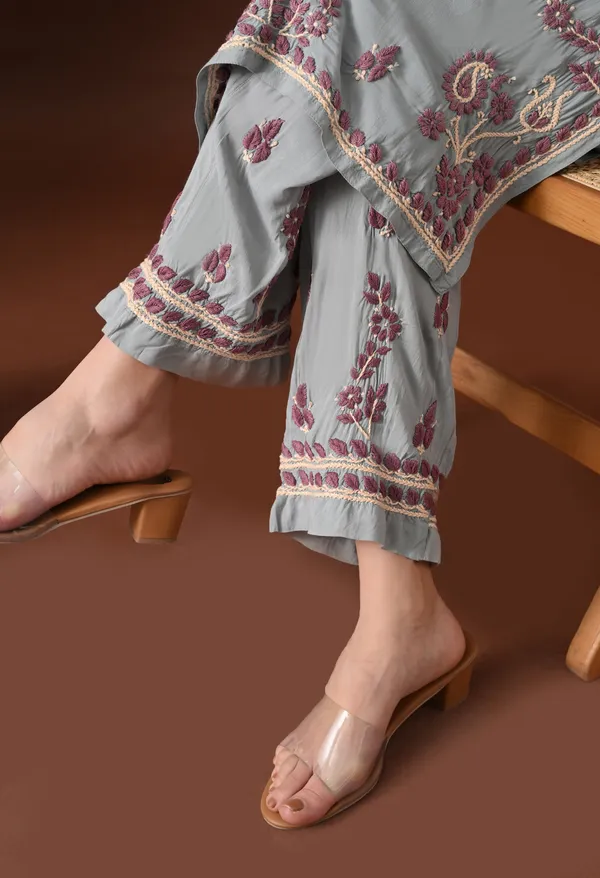 Grey_Hand_Embroidered_Chikankari_Modal_Kurta_Pant_Set_for_Women