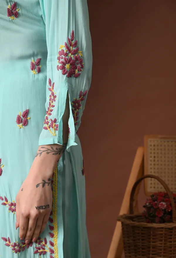 Mint_Green_Multi-Color_Hand_Embroidered_Chikankari_Modal_Kurta_Pant_Set_for_Women