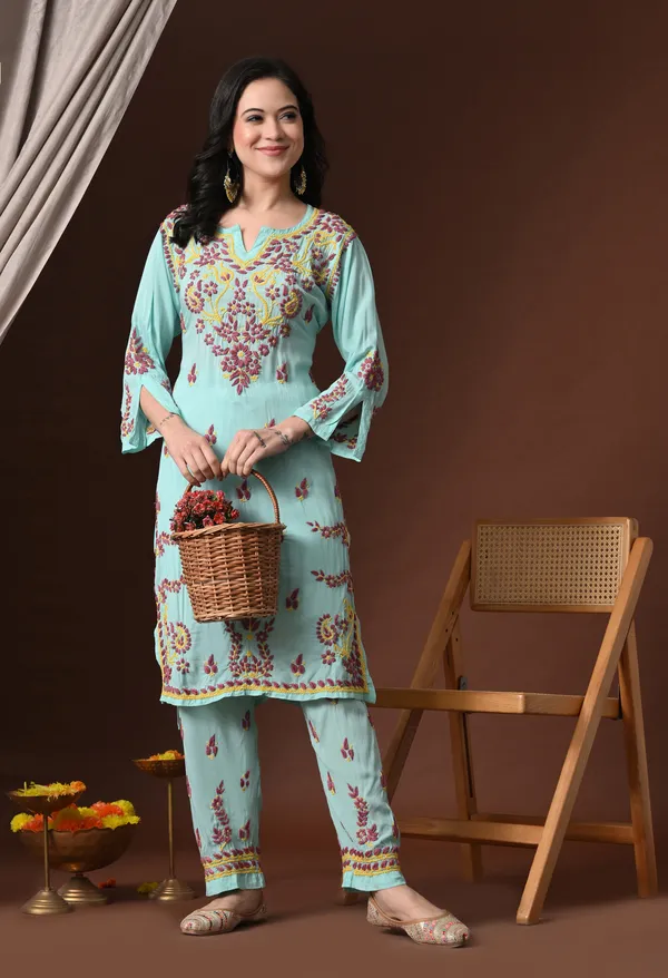 Mint_Green_Multi-Color_Hand_Embroidered_Chikankari_Modal_Kurta_Pant_Set_for_Women
