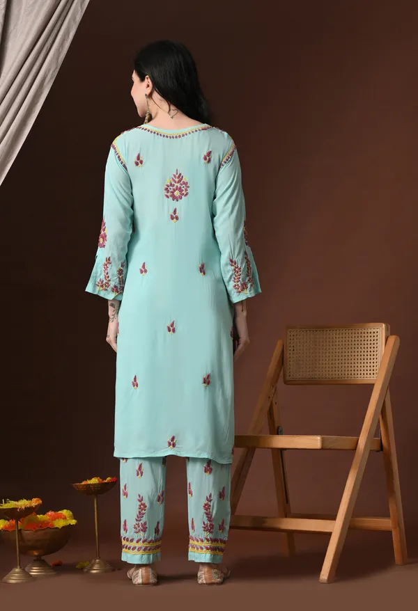 Mint_Green_Multi-Color_Hand_Embroidered_Chikankari_Modal_Kurta_Pant_Set_for_Women
